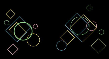 Geometric shapes in pastel colors arranged symmetrically on a black background creating a modern design