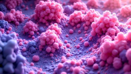 Naklejka premium Microscopic view of clustered pink and purple cells, resembling a biological or scientific environment.