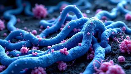 Obraz premium Close-up of blue microscopic fibers with pink clusters, resembling bacteria or cells, in a scientific visualization.