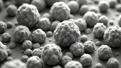 Obraz premium Gray spherical clusters resembling microscopic cells or particles, displayed in a close-up, high-detail view.
