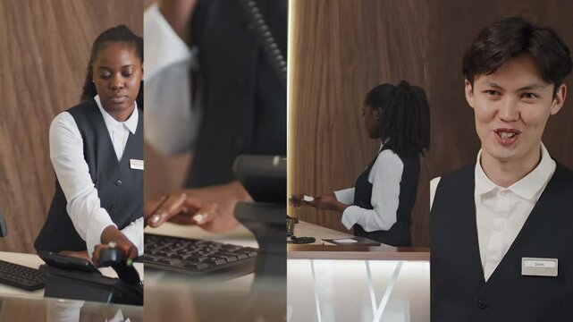 Split screen shot of young African American woman and young Asian man in uniforms working with guests at reception, providing good service at check-in point