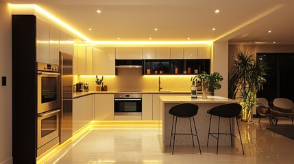Modern kitchen with warm lighting and sleek design