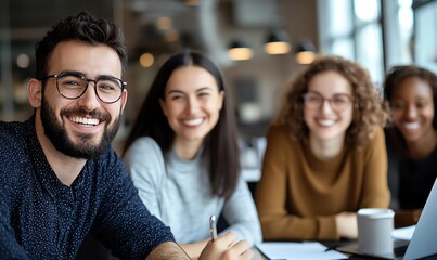 A diverse group of young professionals smiling and collaborating in a modern office setting. This image captures teamwork, positivity, and a productive work environment.