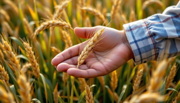 the farmer's calloused hand gently cradles the lush, golden stalks of organic wheat, showcasing the bounty of a bountiful harvest.