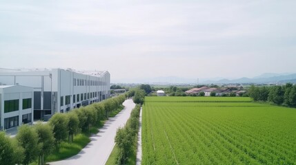 Modern factory alongside agricultural fields.  Aerial view of a modern, light-colored industrial building next to a vast expanse of vibrant green rice paddies.