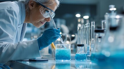 Scientist in laboratory analyzing blue substance in beaker, conducting medical research for pharmace