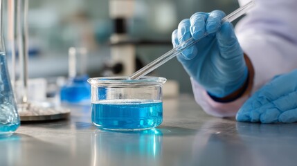 Scientist in laboratory analyzing blue substance in beaker, conducting medical research for pharmace