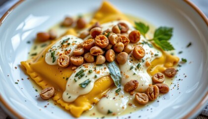 creamy pumpkin filled ravioli topped with a luxurious sage butter sauce, garnished with toasted pepitas and a sprinkle of nutmeg.