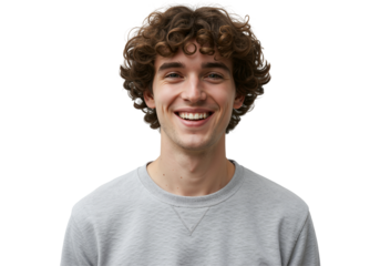 Happy Young Caucasian Male with Curly Hair Smiling Brightly Against a Black Background, Exuding Positive and Cheerful Vibes in Casual Sweater