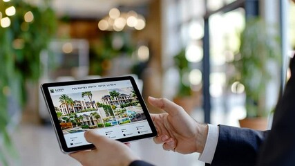 Person using tablet to view property listings in a hotel lobby