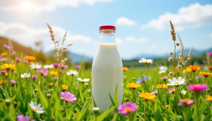the mockup photo features a bottle of creamy fresh milk set against a backdrop of vibrant green grass and colorful wildflowers in a sunny summer farm meadow