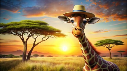 Funny Cartoon Giraffe in African Savanna Sunset Landscape