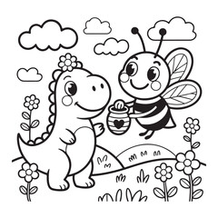 Cute cartoon dinosaur and bee coloring page