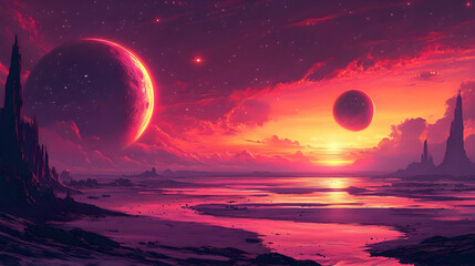 Obraz premium A vibrant, alien sunset over a celestial shore.