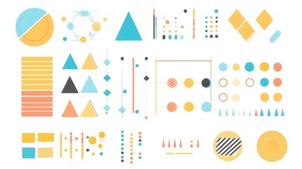 Colorful geometric shapes and diagrams on a white background.