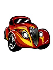 Vintage Hot Rod Illustration: Retro Design Classic Car with Flame Graphics and Glossy Finish