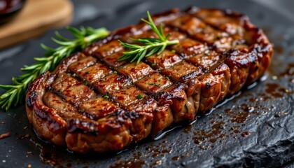a succulent roasted beef steak, cooked to perfection, placed on a dark stone background. the steak is garnished with fresh rosemary herbs, adding a fragrant and aromatic touch to the dish.