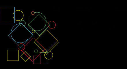 Geometric shapes in neon colors scattered on a black background creating an abstract design look