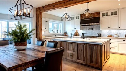 Elegant open concept kitchen and dining area showcasing modern design and natural wood elements