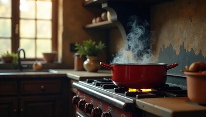 Warm kitchen, old-fashioned stove, simmering pot, spices, family, stove