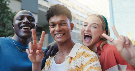 Peace sign, portrait and student friends in city together for education, learning or scholarship. College, emoji or university with happy men and woman outdoor on campus for development or growth
