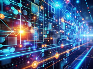 Obraz premium Futuristic Digital Interface: Glowing Grid, Data Transfer & Cyber Networks