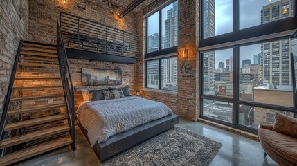 Loft bedroom with exposed brick, large windows, and a loft area