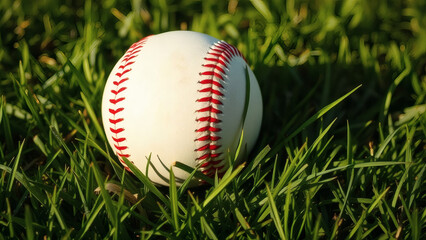 A baseball resting on a sunlit grassy field with scattered grass blade