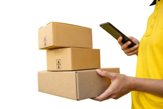 Digital Shopping and Delivery: Hand Holding Stacked Boxes with Smartphone | Minimalist Design