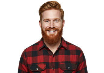 Smiling, Young Adult Caucasian Male with Red Hair and Beard Wearing a Red and Black Checkered Shirt Against a Black Background