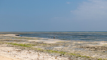 stare katamarany rybak&oacute;w stojące na mieliźnie podczas odpływu oceanu