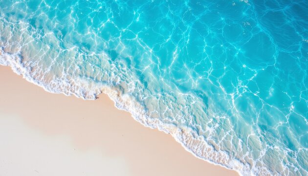 a serene seascape featuring crystal clear blue water gently lapping against a stretch of powdery white sand, creating a perfect spot for a relaxing summer vacation.