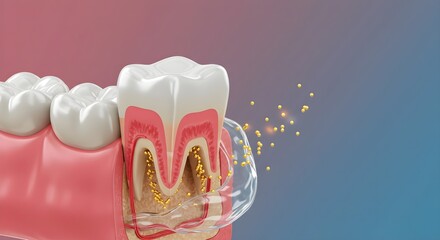 Microscopic view of tooth enamel regeneration. Tiny particles restore damaged tooth structure.