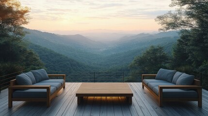 Fototapeta premium Tranquil mountaintop patio with sunset views. Wooden deck, gray armchairs and a coffee table set. Lush greenery and distant valley