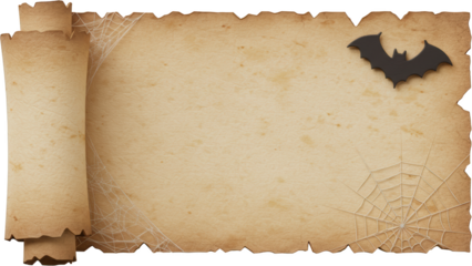 Aged Parchment Scroll with Bat and Spiderweb Halloween Design Element