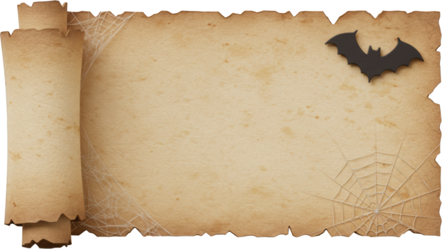 Aged Parchment Scroll with Bat and Spiderweb Halloween Design Element