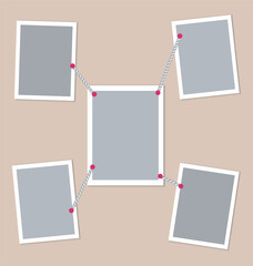 Set of 5 empty photo cards united with ropes. Mockup for photo cards, collages, presentation. Creative Blank template. Photo frames with white frame on beige background. EPS10. 
