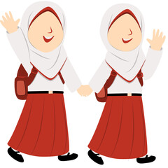 Happy Muslim Schoolgirls Holding Hands, Waving