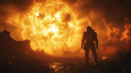 Fototapeta premium Silhouette figure standing against fiery sphere