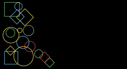 Assorted geometric shapes in varying sizes and colors on a black background with overlapping elements