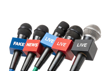Vibrant Microphones in Dynamic Press Conference Scene | High-Resolution Media Equipment Shot