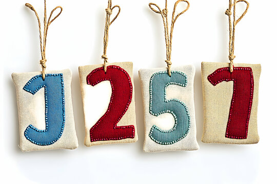 Colorful decorative tags with numbers hanging against a white background