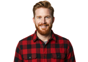 Smiling Caucasian Male with Red Hair and Beard Wearing a Checkered Flannel Shirt Against a Black Background