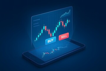 Cryptocurrency trading concept displaying a mobile phone screen with candlestick charts buy and sell buttons over a dark blue background