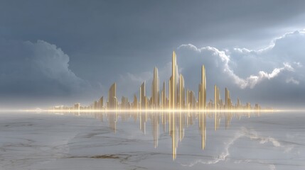 Explore the Futuristic Urban Oasis: A Stunning Cityscape of Tall Reflective Buildings Against a Modern Abstract Background