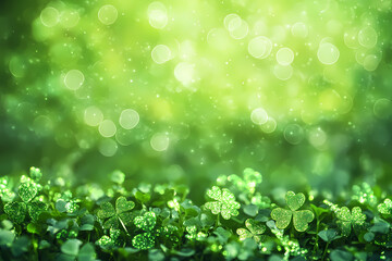 Fototapeta premium Lush Green Clover on the Ground, Illuminated by Sparkling Green Lights in the Background, Evoking the Joyful Celebration and Natural Beauty Associated with St. Patrick's Day and Irish Traditions