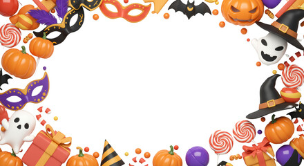Fototapeta premium Festive Halloween 3D Render Pumpkins Candy Masks More