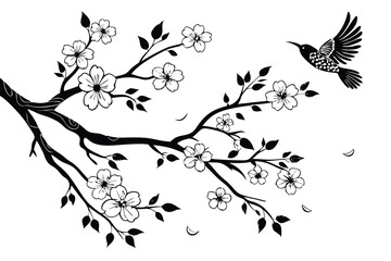 60 Black and white illustration, delicate floral branches, spotted bird in flight, ink wash technique, botanical art, Japanese-inspired, negative space, graceful composition, cherry blossoms, watercol