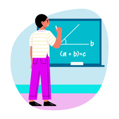 Math student solving equation on board, flat illustration