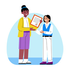 Teacher giving certificate to student on award ceremony, flat illustration